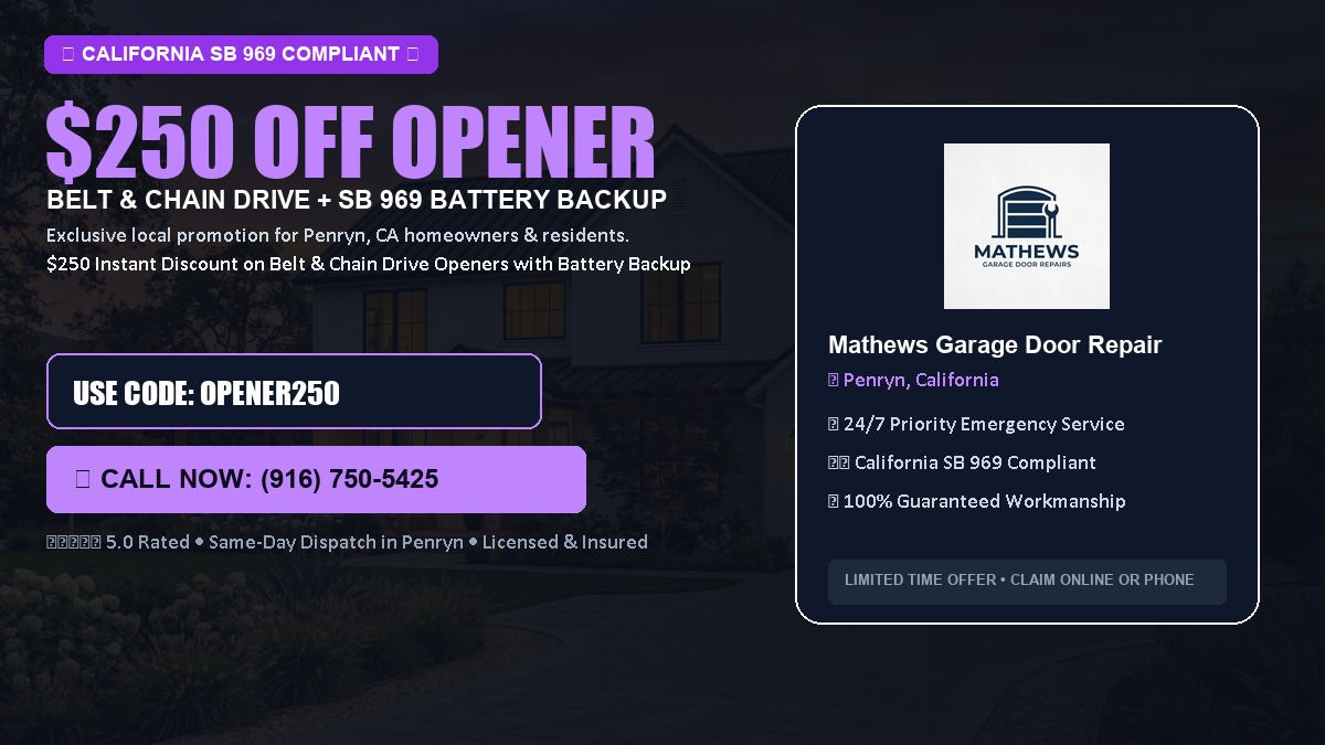 $250 OFF Smart Garage Door Opener Installation (Belt & Chain Drive with California SB 969 Battery Backup) in Penryn, CA
