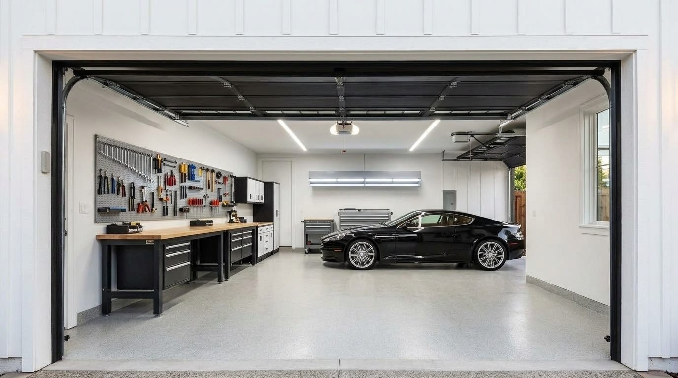 Mathews Garage Door Repair Interior View of Custom Garage Door Overhead and Workshop